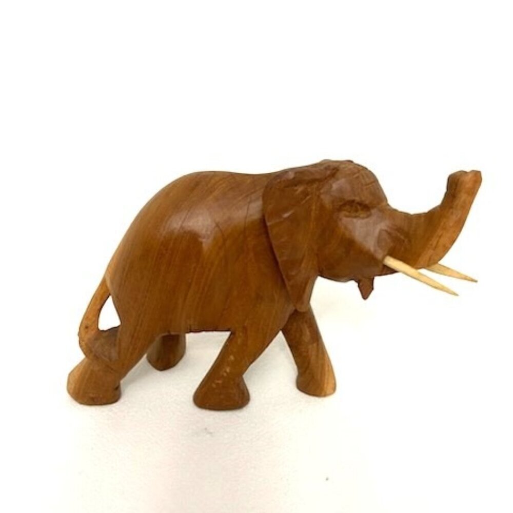 Vtg Hand Carved Wooden Wood Elephant Figurine Made in Kenya Tusks Trunk Up